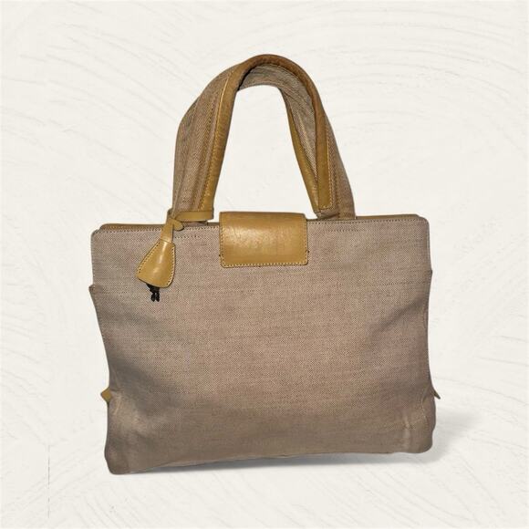 Prada Hand Bag Beige Yellow Canvas Leather Tote Authentic Vintage - Picture 2 of 15